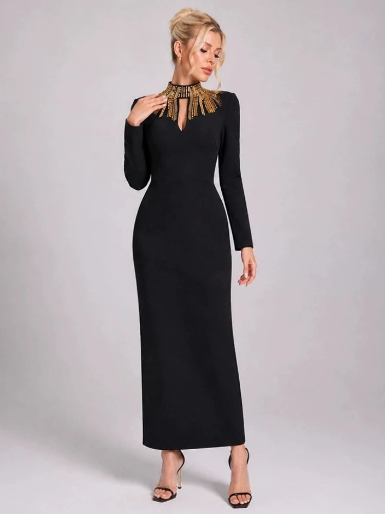 Embellished neck long sleeve black maxi dress detail