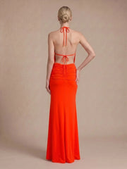 Back detail of halter neck twisted waist full length gown