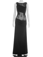 Black evening gown on a mannequin against a white background