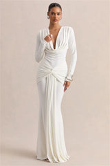 Draped Cowl Neck Long Sleeve Maxi Dress
