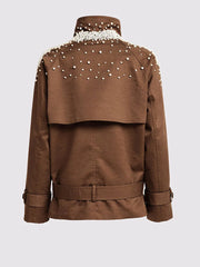 Pearl Embellished Stand Collar Brown Jacket