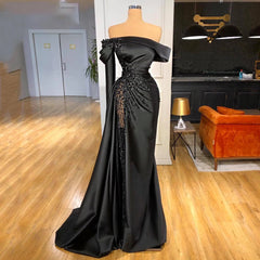 Open shoulder Black Pearls Evening Dress Mermaid Prom Dress