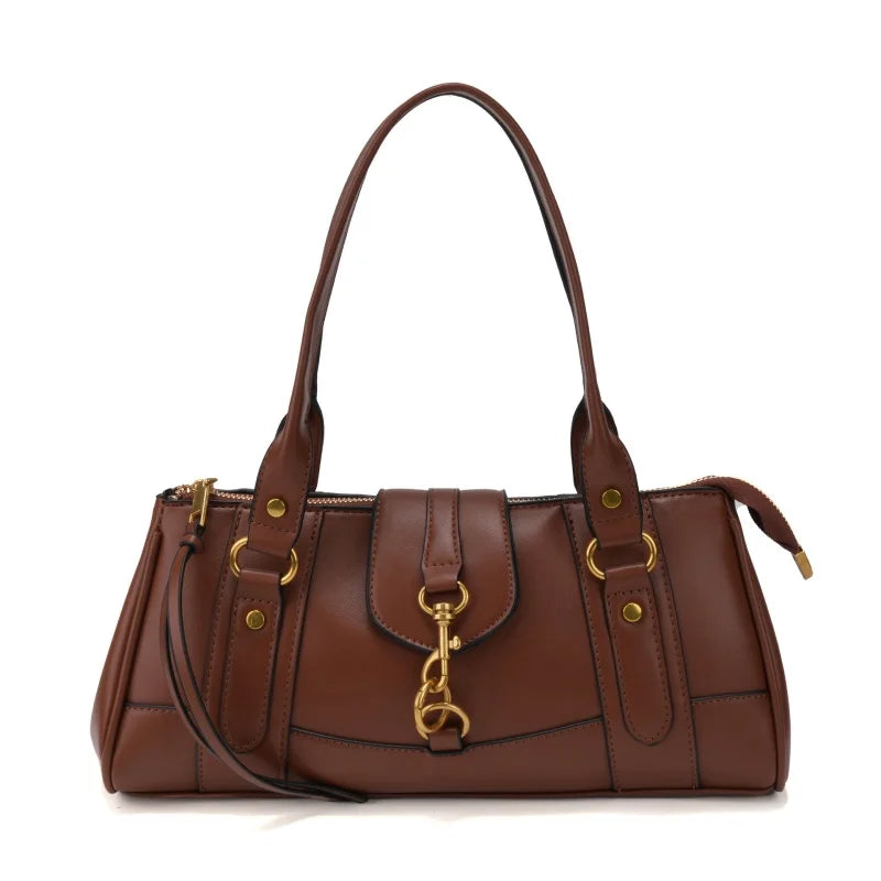 Brown PU leather tote bag with gold-tone lock buckle closure