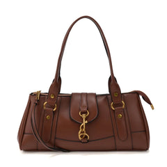 Brown PU leather tote bag with gold-tone lock buckle closure
