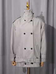 Grey Turn Down Collar Belted Short Trech Coat