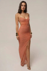 Ruched High Slit Spaghetti Strap Maxi Dress