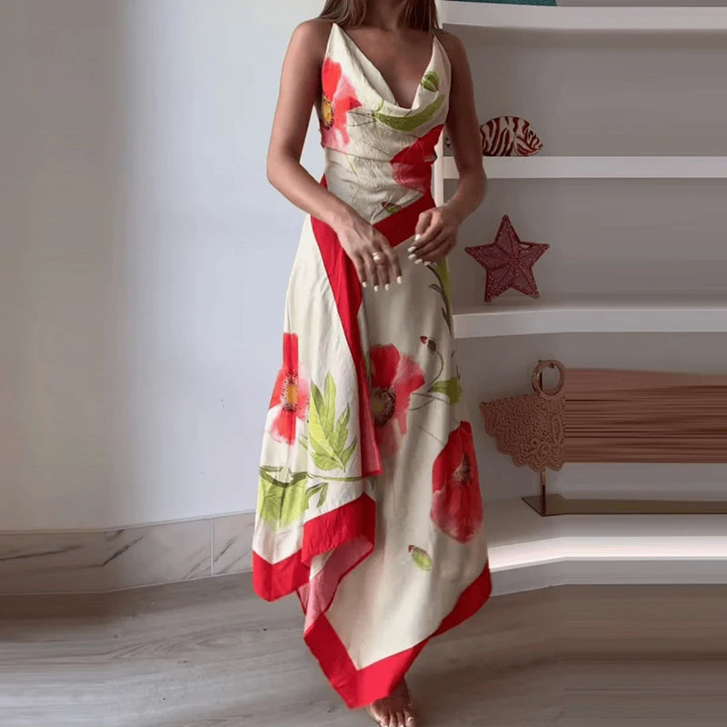Floral print asymmetric maxi dress full length