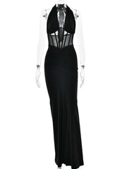 Halter Neck Sheer Bodice Waist Maxi Dress