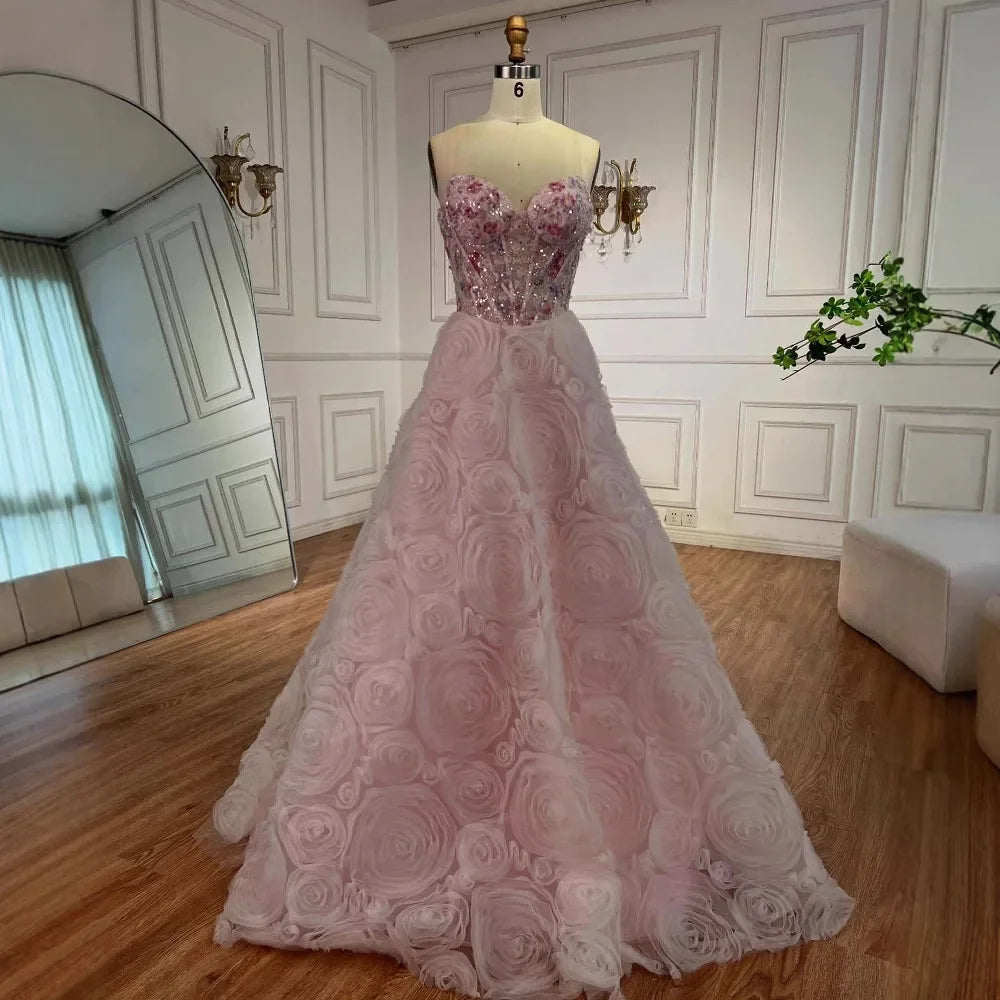Pink Sequin Rose Embroidery Flare Strapless Gown.