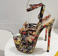 Butterfly-Knot Open Toe Ankle Buckle Strap Stiletto Heels Shoes