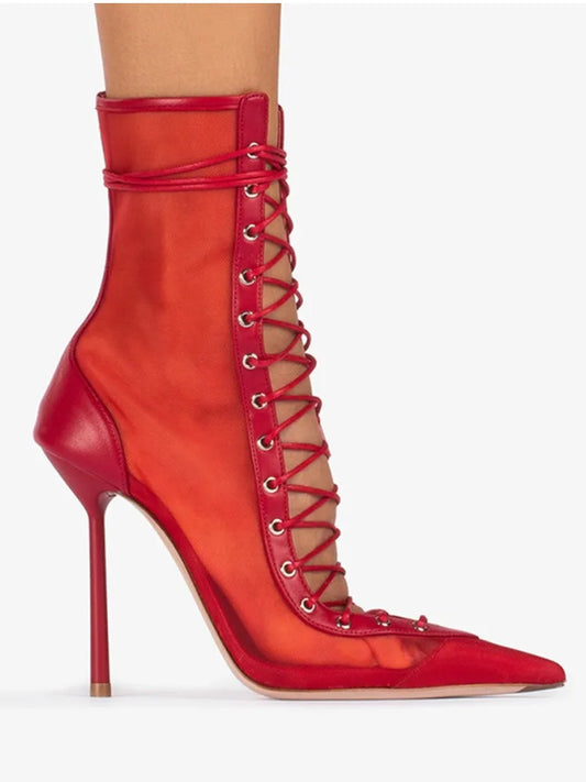 Red mesh and leather lace up ankle boots with stiletto heel