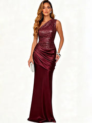 Burgundy one shoulder sequin dress with satin skirt