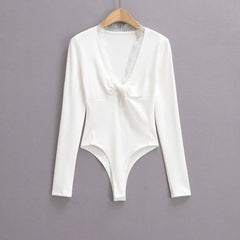 White Spliced Lace Bow V neck Jersey Long Sleeve Bodysuit