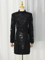 Rhinestone Sequin High Neck Padded Shoulder Mini Dress