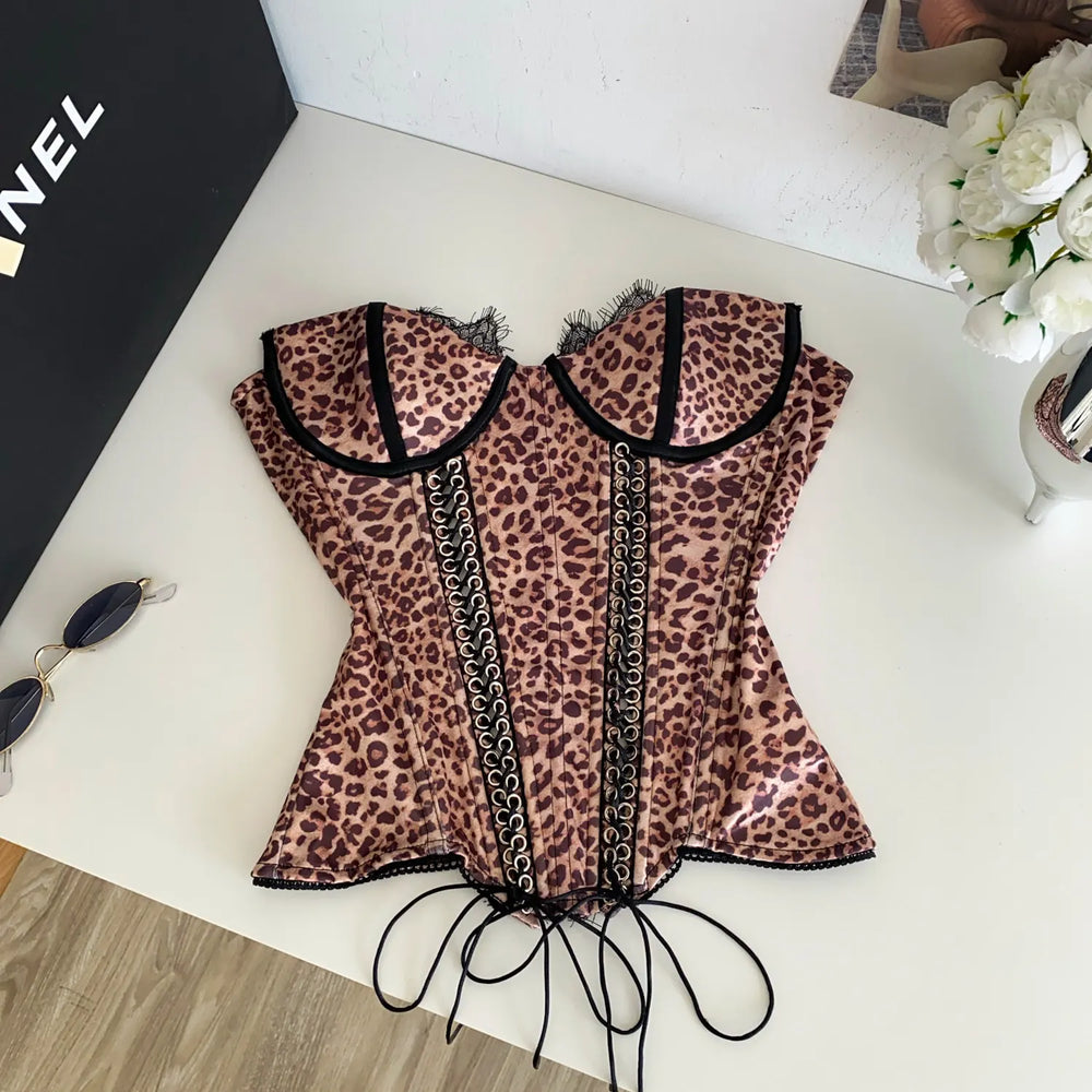 Leopard print corset top front view with lace trim