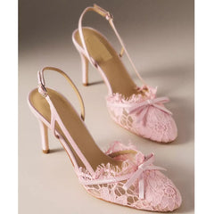 Pink lace slingback heels with butterfly knot detail