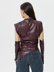 Faux Leather Folds Crop Tops With Gloves