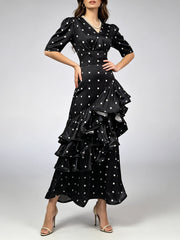 V-Neck Tiered Ruffle Polka Dot Maxi Dress