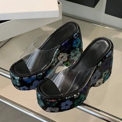 Floral Sequin Platform Wedge Sandals