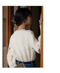 Embroidered floral detail on a knitted puff long sleeve cardigan.