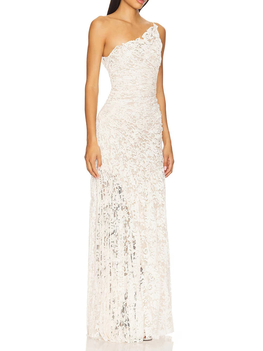 One-shoulder ruffled lace maxi dress side view