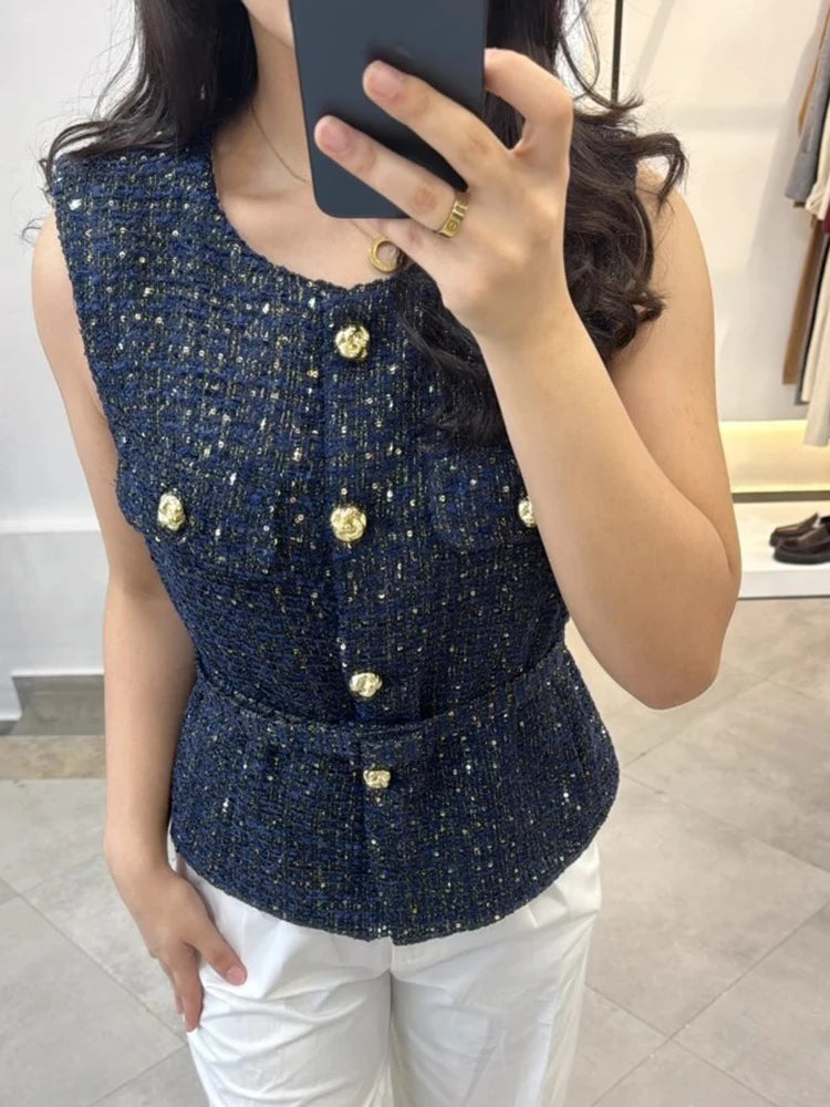 Navy tweed belted sleeveless top detail