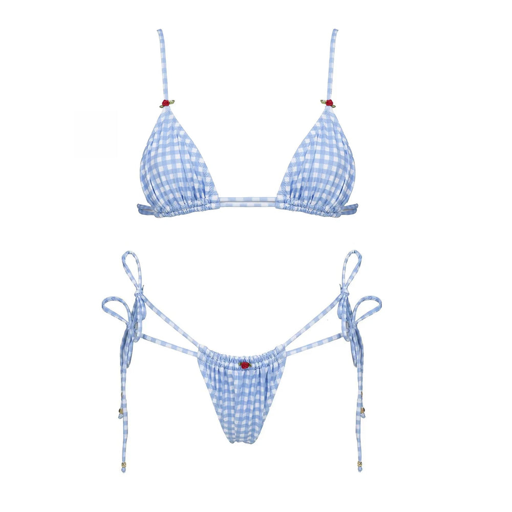 Gingham print bikini set with triangle top and tie-string bottoms