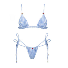 Gingham print bikini set with triangle top and tie-string bottoms