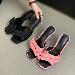 Bow-knot Thin Heel Open Toe Slip On Mules Slides Shoes