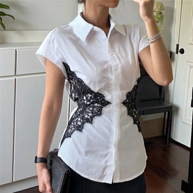 White button-down shirt with black lace panels