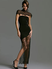 Black lace cape sheer panel maxi dress with heels