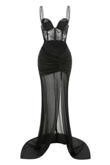 Black Lace Corset Ruched Slit Mesh Trumpet Dress