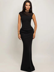 Mesh Cap Sleeve Ruched Bodycon Maxi Dress