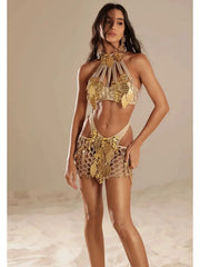 Embellished mesh skirt and bikini top three-piece set with gold leaf details