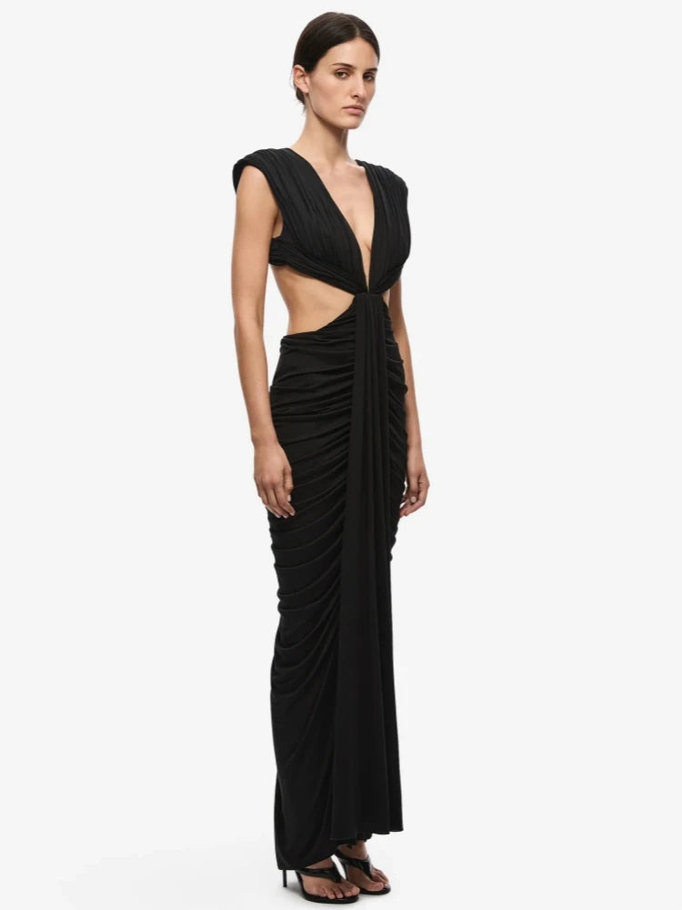 Side view of Ruched Deep V Neck Cutout Maxi Dress