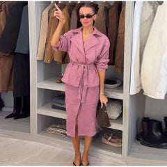 Pink Lapel Neck Belted Jacket with Slit Midi Skirt Two-Piece Set