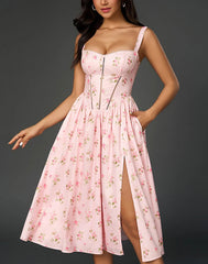 Floral Print Slit Thick Strap Midi Dress