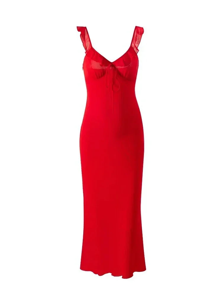 Red V-neck ruffled strap bow tie maxi dress