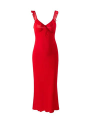Red V-neck ruffled strap bow tie maxi dress
