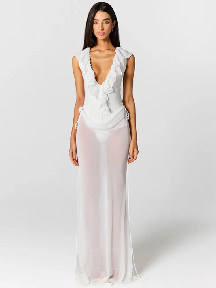 White ruffled bodysuit and sheer maxi skirt set