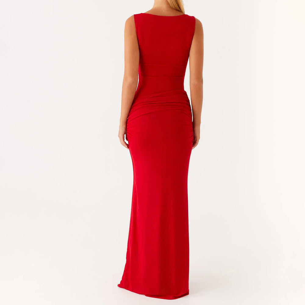 Red evening gown on a white background