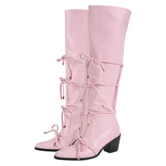 Pink pointed toe knee high boots with bow detail and block heel