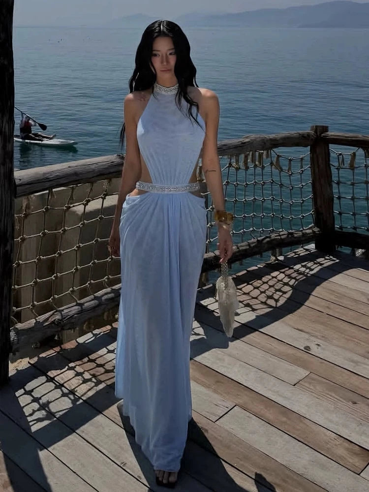 Full view of light blue halter neck beaded cutout maxi dress