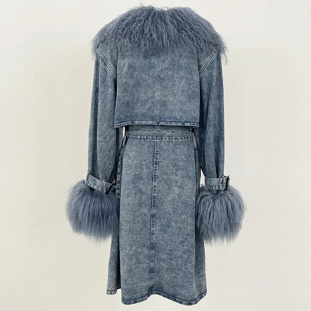 Denim dress with fur trim on a beige background