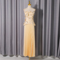 Peach Floral Embroidered Strapless Top and Pleated Maxi Skirt Set