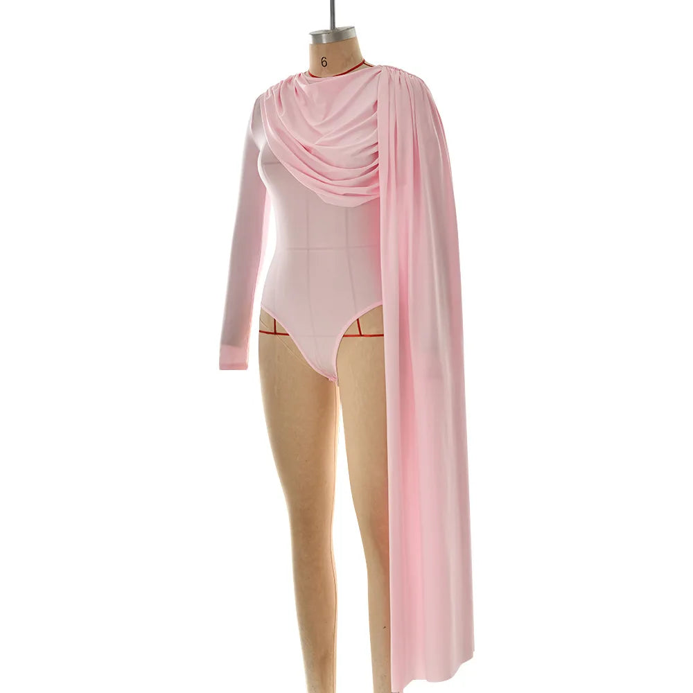 Pink leotard with a long flowing fabric on a mannequin against a white background