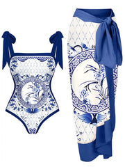 Floral Print Tie-Strap Bikini and Sarong Set