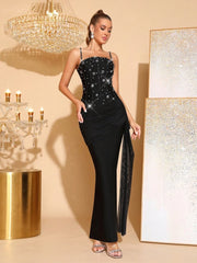 Black spaghetti strap crystal embellished maxi dress