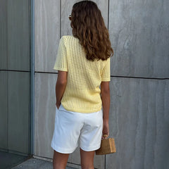Hollow Knit Turn-Down Collar Short Sleeve Top