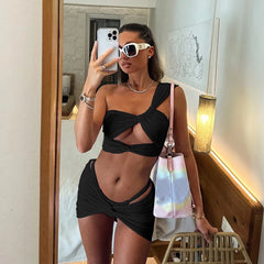 Black twisted cutout swimsuit and skirt